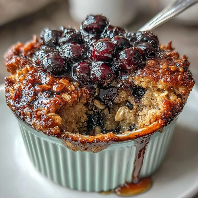Single-serve blueberry baked oats with golden top and bursts of fresh berries, perfect for a quick morning meal.