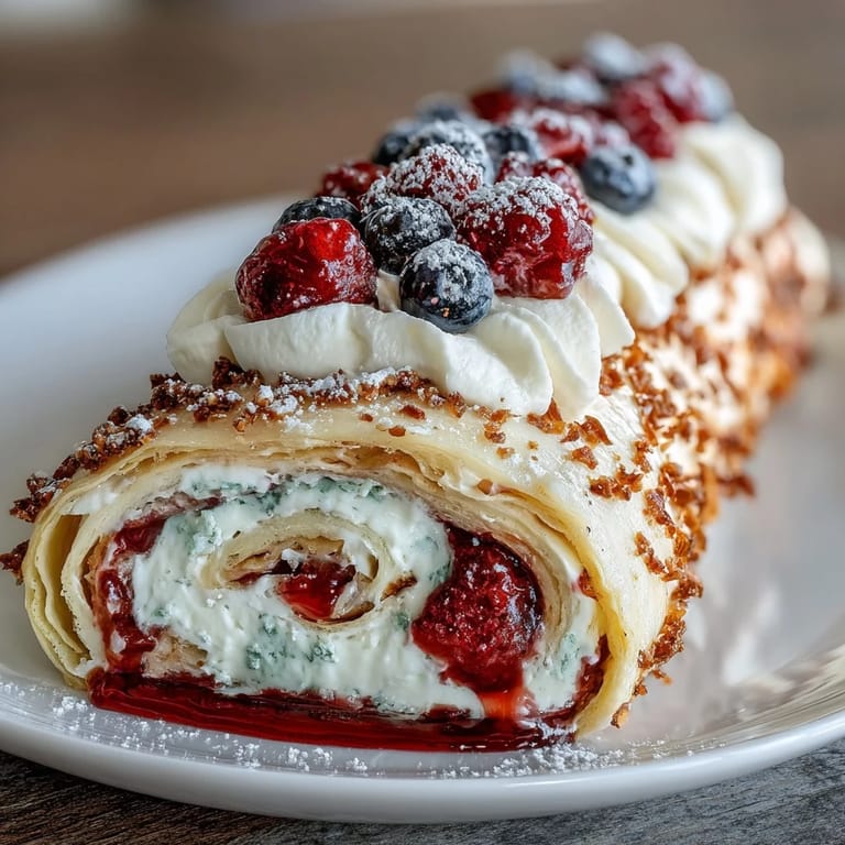 Delicate crepes wrapped around sweet whipped cream and juicy berries, dusted with powdered sugar for a picture-perfect dessert.