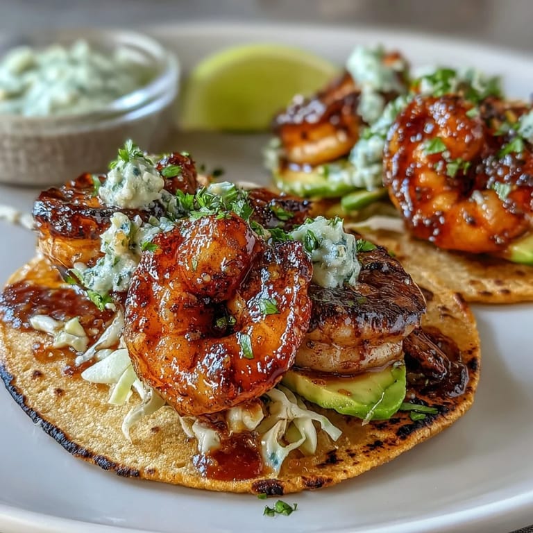 Flavorful honey garlic shrimp tacos topped with vibrant red cabbage slaw and fresh cilantro in soft corn tortillas.