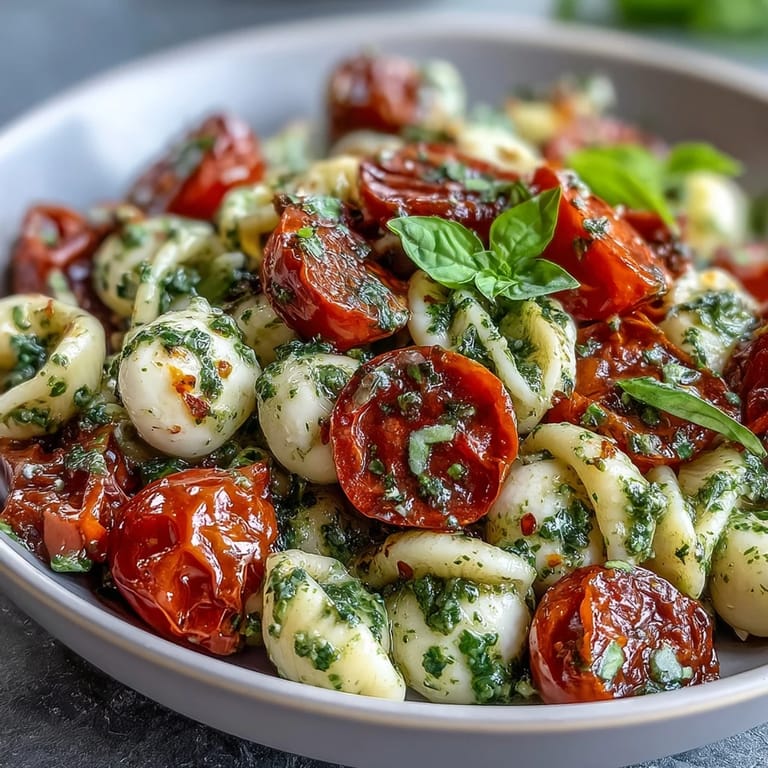 Tempting Caprese Pasta Salad with creamy mozzarella pearls and fresh basil accents.