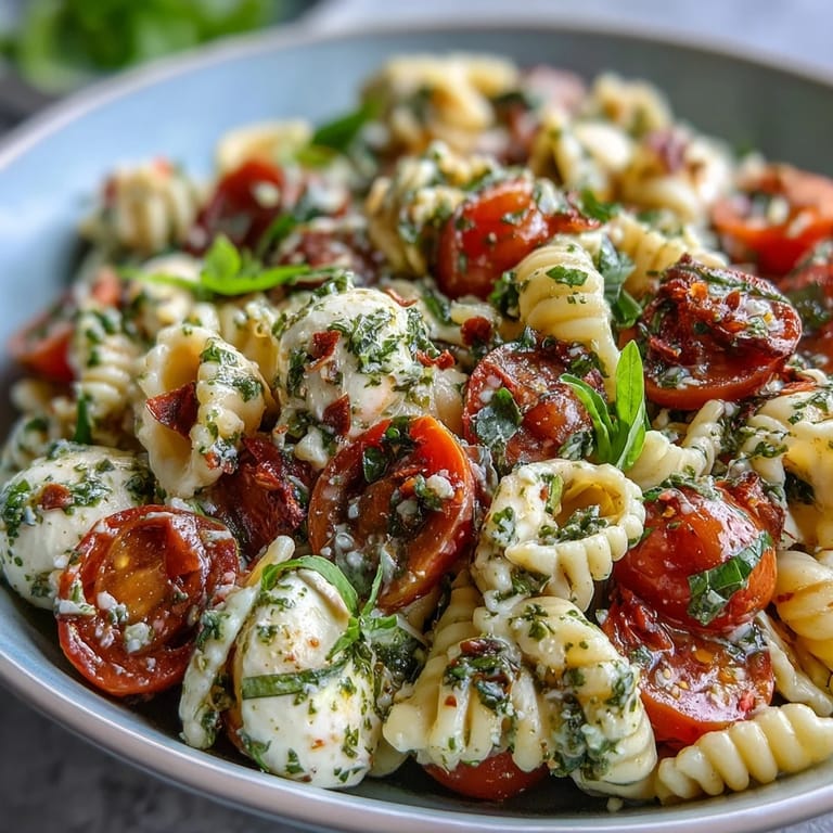 Refreshing Caprese Pasta Salad, perfect for summer picnics and effortless entertaining.