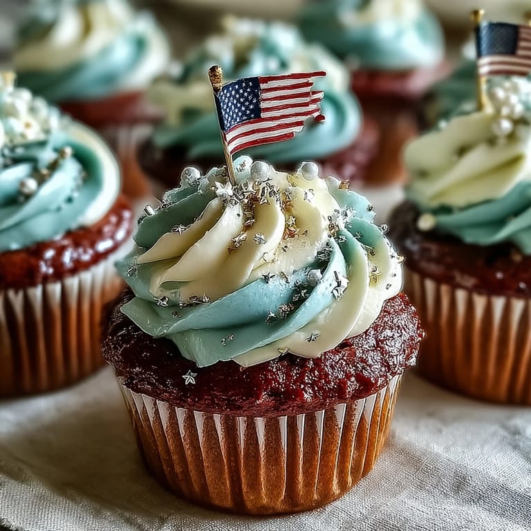 Patriotic Star-Spangled Banner Cupcakes topped with edible flags, perfect for July 4th.