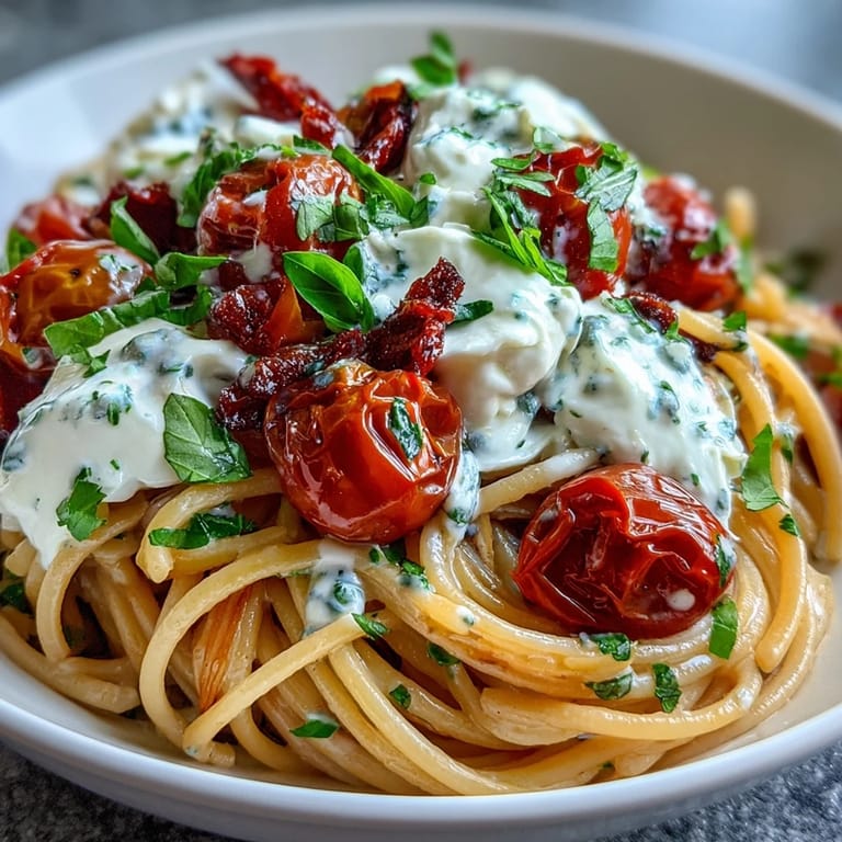 A vibrant bowl of Caprese Pasta topped with melted burrata and fragrant basil.