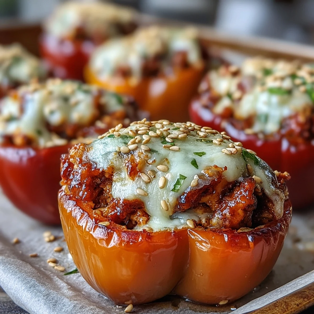 Golden-baked Korean-Style Turkey Stuffed Sweet Peppers with melted mozzarella, sesame seeds, and green onion garnish.