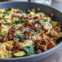 Fluffy Keto Sausage and Veggie Breakfast Scramble served warm with diced peppers and spinach.
