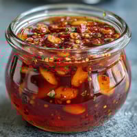 A vibrant jar of spicy Calabrian chili oil with floating chili flakes and golden garlic slices.  