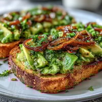 Vibrant chilli-lime avocado toast on golden sourdough, topped with zesty dressing and crunchy fried shallots for bold flavor.