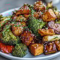 Roasted vegetables glazed in savory miso-butter sauce, caramelized and golden with vibrant colors and rich umami aroma.