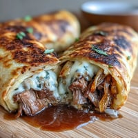 Crispy tortilla roll ups filled with roast beef, melted provolone, and crunchy onions, baked golden and served with warm au jus.