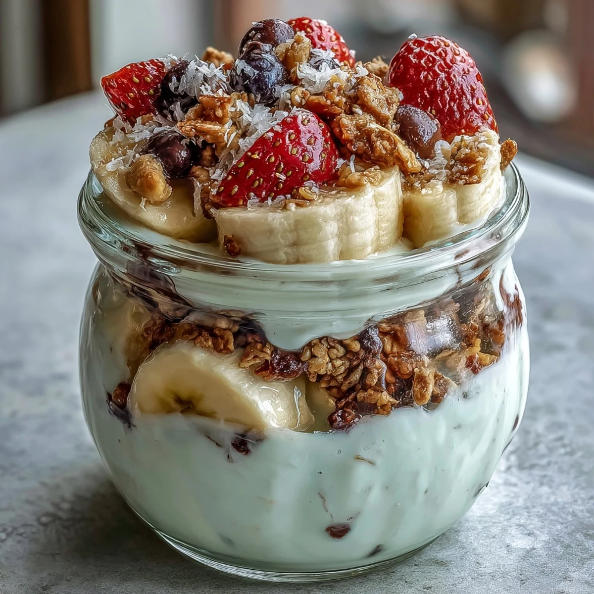 Fluffy Yogurt Banana Split Breakfast Jar with layers of creamy yogurt, fresh berries, and crunchy granola in a portable jar.