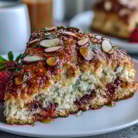 Golden brown butter scones studded with fresh strawberries and topped with toasted almond slices. The nutty aroma and juicy fruit make these scones a perfect breakfast or teatime treat.