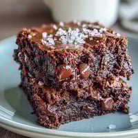 Decadent sourdough discard brownies topped with flaky sea salt, offering a rich and fudgy chocolate treat.