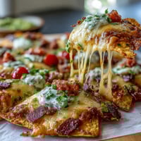 Vibrant Summer Party Nacho Board with Strawberry Salsa, loaded with melted cheese, black beans, and creamy avocado on crispy tortilla chips.