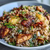 Colorful Pineapple Chicken Fried Rice with Cashews, loaded with juicy pineapple, tender chicken, crunchy cashews, and vibrant veggies.