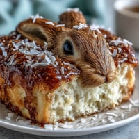 A whimsical Easter bunny cake with fluffy buttercream and shimmering gold sprinkles, perfect for festive celebrations.