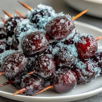 Frozen Grape Skewers with Lime Sugar: A colorful platter of juicy red and green grapes on wooden sticks, coated in zesty lime sugar and frozen for a refreshing summer snack.