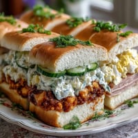 Elegant trio of classic Kentucky Derby tea sandwiches, featuring cucumber, egg salad, and ham on soft bread, arranged on a white platter for a festive Southern spread.