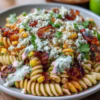 Mexican Street Corn Elote Pasta Salad with creamy lime dressing and cotija cheese