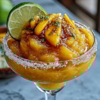 Frozen Mango Margarita Mocktail with lime wedges and salted rim in frosty glasses