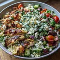 Freshly grilled lemon-feta chicken strips rest on vibrant Mediterranean Pearl Couscous Chicken Bowls with cucumbers and tomatoes.
