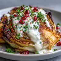 Grilled cabbage wedges drizzled with creamy tahini sauce, topped with fresh parsley and juicy pomegranate seeds.
