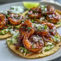 Honey Garlic Shrimp Tacos with crisp cabbage slaw and creamy lime crema, served in warm tortillas.