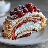 A stunning crepe roll cake layered with fluffy whipped cream and fresh berries, sliced to reveal elegant swirls of flavor.