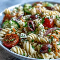 Colorful Memorial Day Pasta Salad with zesty Italian dressing and crisp summer veggies.