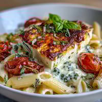Creamy baked feta pasta dish with bursting tomatoes and fresh basil.