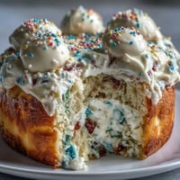 Festive Spring Birthday Party Funfetti Dip Cake crowned with rainbow sprinkles.