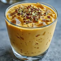Creamy mango lassi smoothie with fragrant cardamom, perfectly blended and ready to sip.